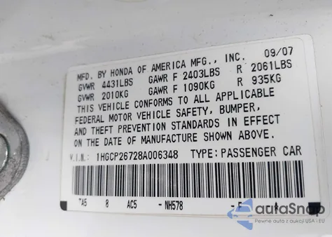 2008 Honda Accord 2.4 Ex from USA, damaged, VIN 1HGCP26728A006348